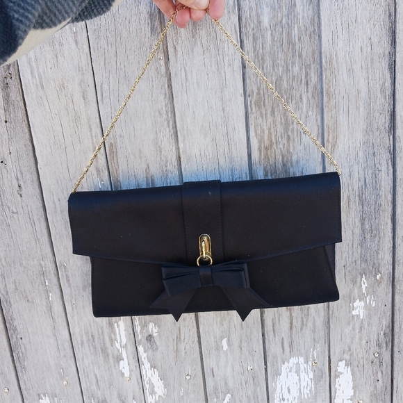 Kate Landry Evening Clutch Black Bow Envelope Snap Close Gold Chain Rope Strap - Picture 4 of 8